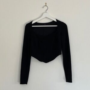 Alo Yoga Womens Black Long Sleeve Corset Top Square Neck Curved Hem Medium